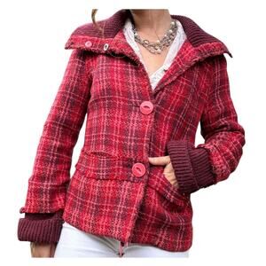 Free People Pink Red Plaid Wool Blend Tweed Knit Preppy Outdoor Winter Jacket M
